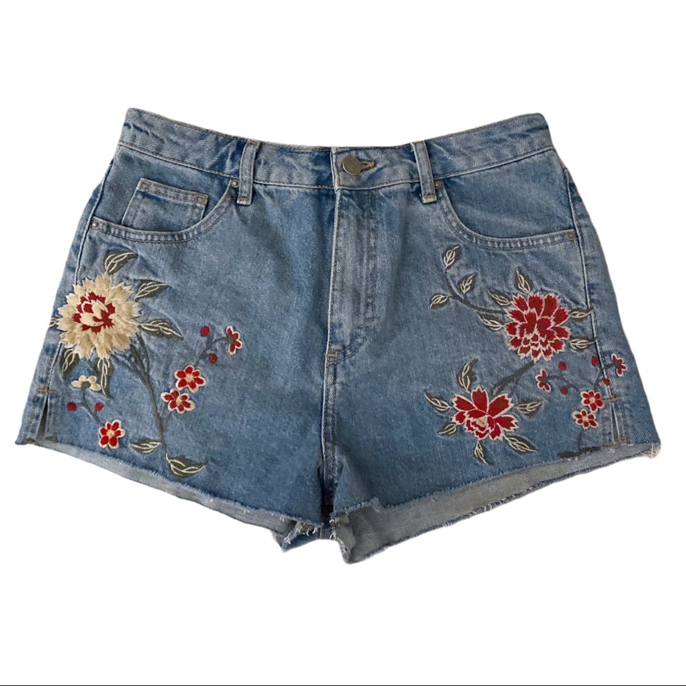 Topshop Blue Denim Jean Shorts with Red & Cream Floral Embroidery